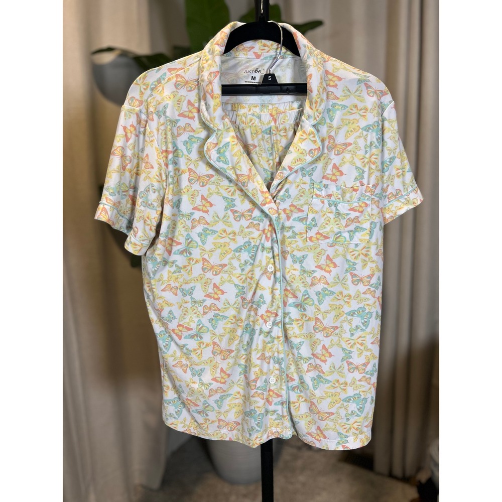 Just Be Womens Butterfly Print Pajama Set Short Sleeve Button Top Shorts Size M